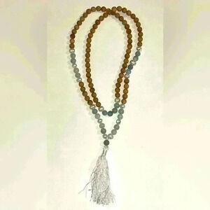 Wood cultured pearl and stone Mala bead necklace
